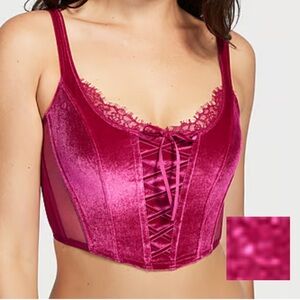 Victorias Secret Unlined Lace-Up Velvet Corset Top, pink, size Small-DD, New